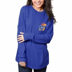New 🎁 Women's Pressbox Royal Kansas Jayhawks The Big 👚 Shirt Oversized Long Sleeve T-Shirt 😀 -women‘s clothing store unnamed file 603