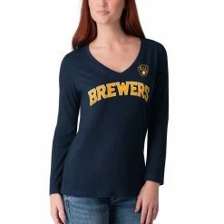Best deal 😀 Women's G-III 4Her By Carl Banks Navy Milwaukee Brewers Post Season Long Sleeve T-Shirt 👏