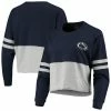 Flash Sale 🎁 Boxercraft 👩 Women's Navy/Heathered Gray Penn State Nittany Lions Cropped Retro Jersey Long Sleeve T-Shirt 🔔 -women‘s clothing store unnamed file 794