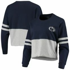 Flash Sale 🎁 Boxercraft 👩 Women's Navy/Heathered Gray Penn State Nittany Lions Cropped Retro Jersey Long Sleeve T-Shirt 🔔