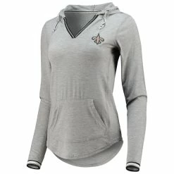 Hot Sale 🔔 Women's Antigua Heathered Gray New Orleans Saints Warm-Up Tri-Blend Hoodie Long Sleeve V-Neck T-Shirt ✨ -women‘s clothing store unnamed file 816