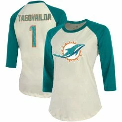 Flash Sale 💯 Majestic Threads 👩 Women's Fanatics Branded Cream/Aqua Miami Dolphins Player Raglan Name & Number 3/4-Sleeve T-Shirt ⭐ -women‘s clothing store unnamed file 831