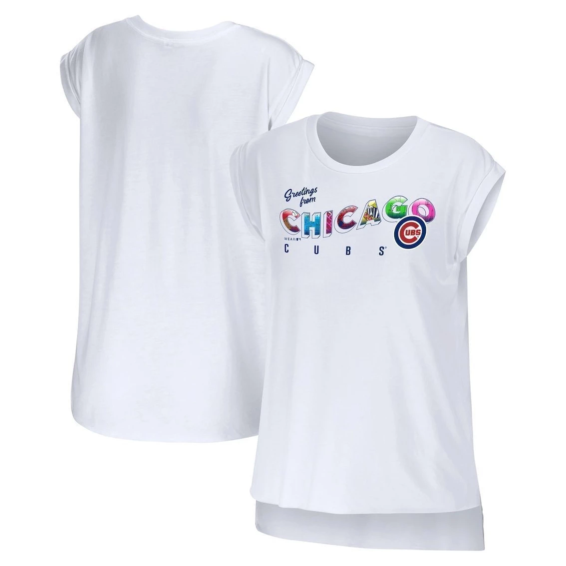Promo π₯ Women's WEAR By Erin Andrews White Chicago Cubs Greetings From T-Shirt βοΈ 3 Promo π₯ Women's WEAR By Erin Andrews White Chicago Cubs Greetings From T-Shirt βοΈ