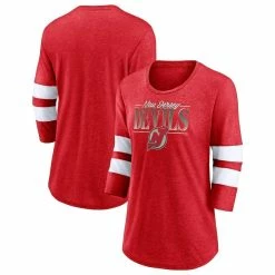Flash Sale 😉 Women's Fanatics Branded Heathered Red/White New Jersey Devils Full Shield 3/4-Sleeve Tri-Blend Raglan Scoop Neck T-Shirt 🔔 -women‘s clothing store unnamed file 883