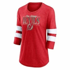 Flash Sale 😉 Women's Fanatics Branded Heathered Red/White New Jersey Devils Full Shield 3/4-Sleeve Tri-Blend Raglan Scoop Neck T-Shirt 🔔 -women‘s clothing store unnamed file 884