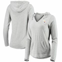 Buy 😉 Women's Antigua Heathered Gray Pittsburgh Steelers Warm-Up Tri-Blend Hoodie Long Sleeve V-Neck T-Shirt ❤️